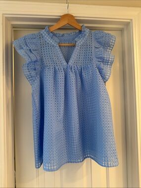 Light Blue Eyelet Flutter Sleeve Top